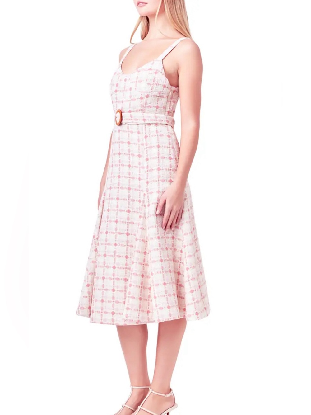English factory belted tweed fit and flare midi dress pink